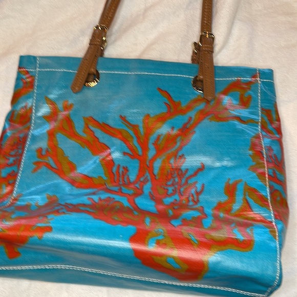 Sakroots Turquoise Orange Brown & Coral Coated canvas Handbag - Picture 9 of 9